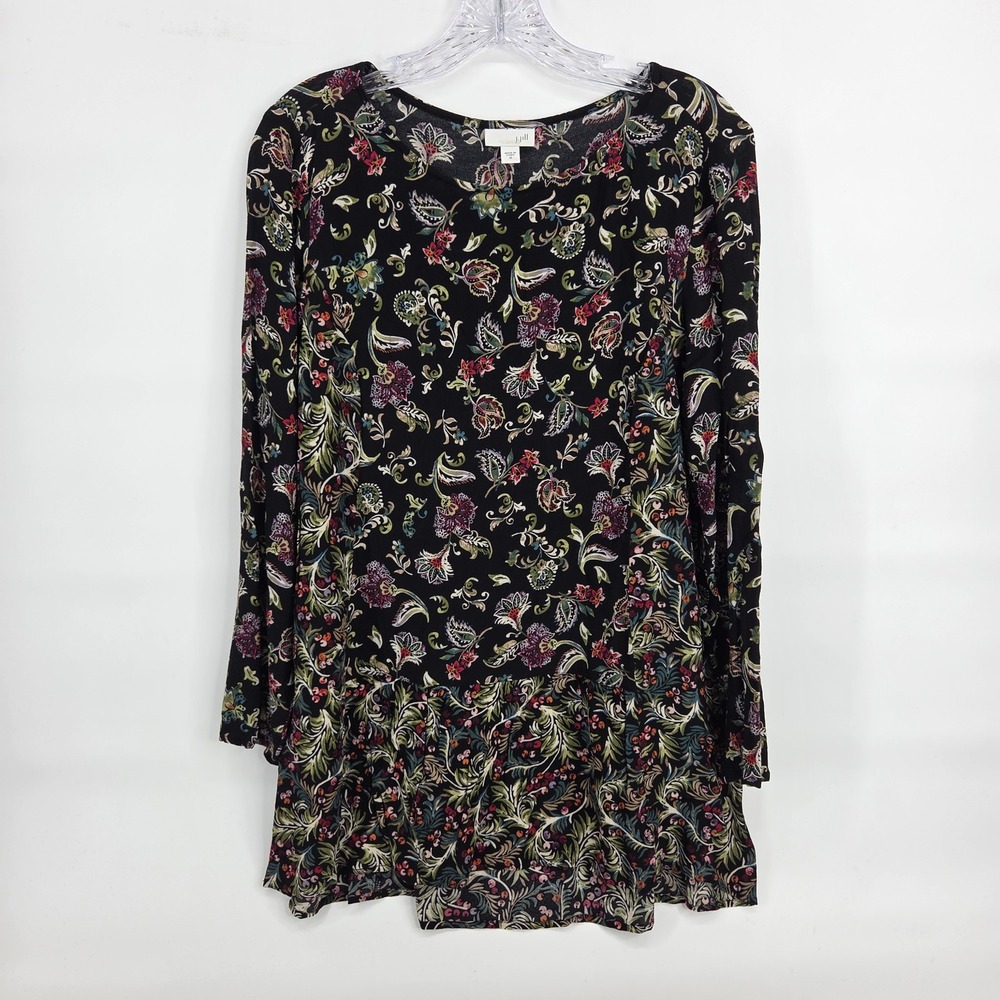 J. Jill Tunic Size M Black Floral Boho Eclectic Tiered Ruffle Hem Rayon Top